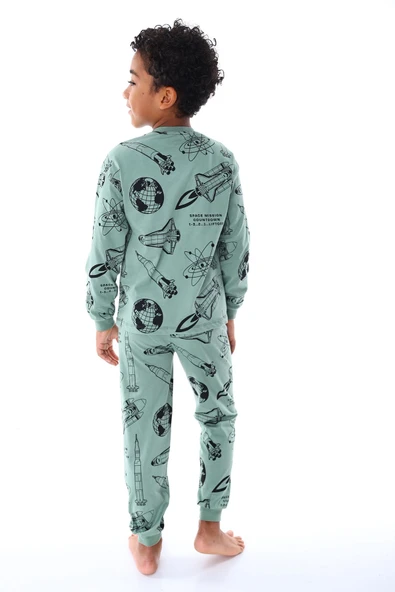 Gezegen Desenli %100 Pamuk Lacivert Çocuk Pijama Takımı - 19