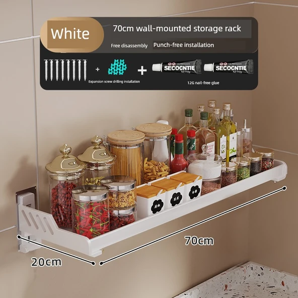 Krem Metal Mutfak Banyo Duvar Rafı - Beyaz 20x70cm Kalınlaştırılmış