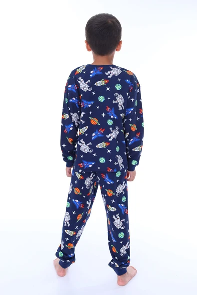 Gezegen Desenli %100 Pamuk Lacivert Çocuk Pijama Takımı - 3