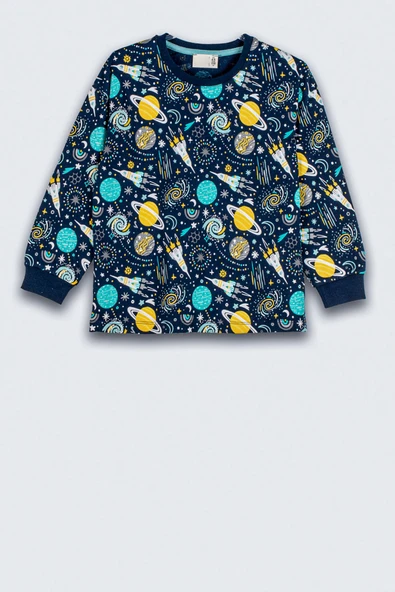Gezegen Desenli %100 Pamuk Lacivert Çocuk Pijama Takımı - 23