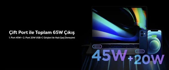 Spigen 65W USB-C 2 Port Yüksek Hızlı Şarj Aleti / Şarj Isısını Düşürür GaN Destekli Akım Korumalı Güç Adaptörü iPhone & Android & iPad & MacBook Type-C - ACH02693 - 4