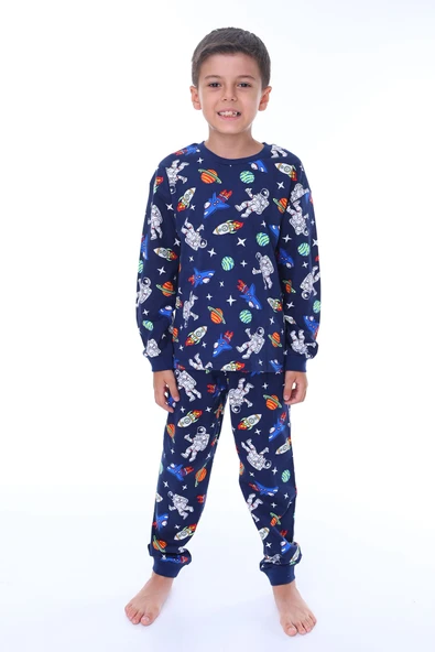 Gezegen Desenli %100 Pamuk Lacivert Çocuk Pijama Takımı