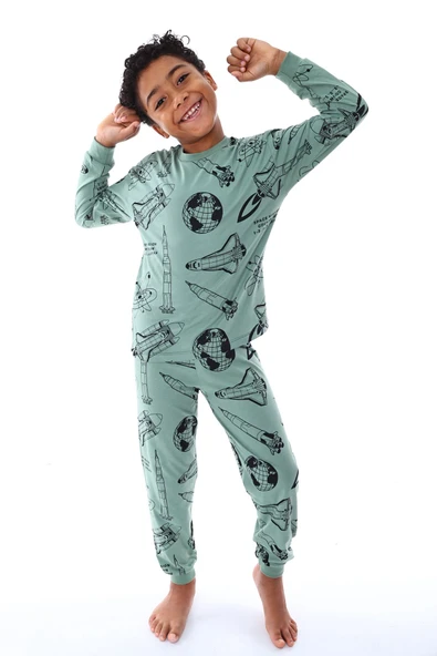 Gezegen Desenli %100 Pamuk Lacivert Çocuk Pijama Takımı - 8