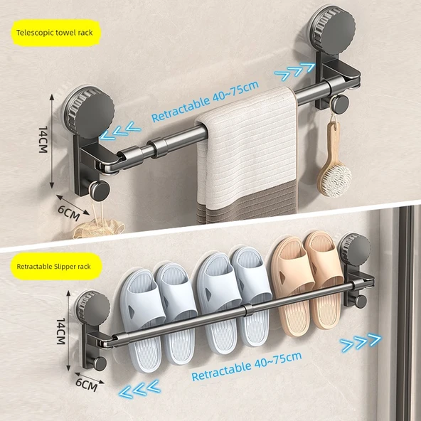 2 Adet Vantuzlu Banyo Terlik Rafı - 40cm Genişletilebilir - Metalik Gri