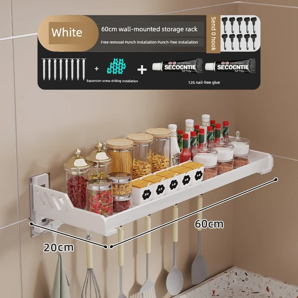 Krem Metal Mutfak Banyo Duvar Rafı - Beyaz 20x60cm + Kancalı Kalınlaştırılmış
