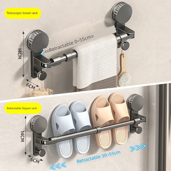 2 Adet Vantuzlu Banyo Terlik Rafı - 30cm Genişletilebilir - Metalik Gri
