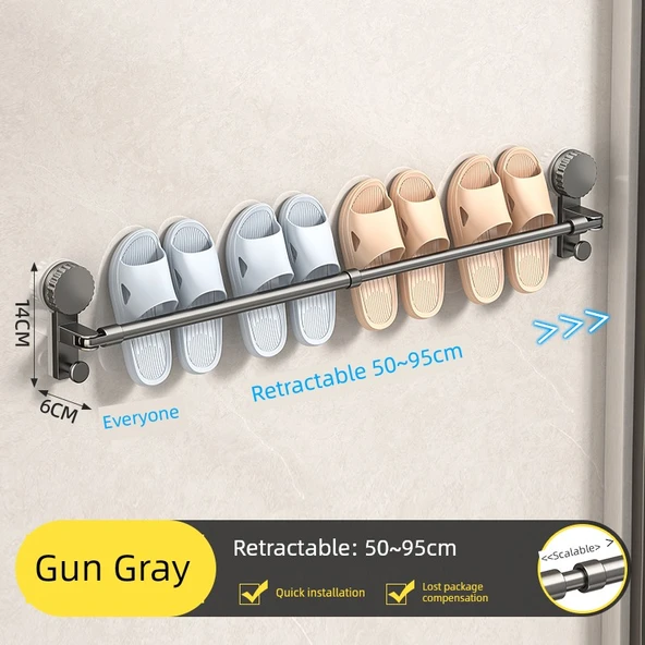 Vantuzlu Banyo Terlik Rafı - 50cm Ayarlanabilir - Metalik Gri