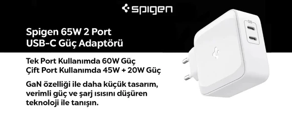 Spigen 65W USB-C 2 Port Yüksek Hızlı Şarj Aleti / Şarj Isısını Düşürür GaN Destekli Akım Korumalı Güç Adaptörü iPhone & Android & iPad & MacBook Type-C - ACH02693 - 2