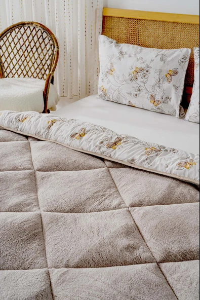 Bej Kelebek Loura Çift Kişilik Çift Taraflı Lüx Wellsoft Yorgan Seti 195x215 cm - 3