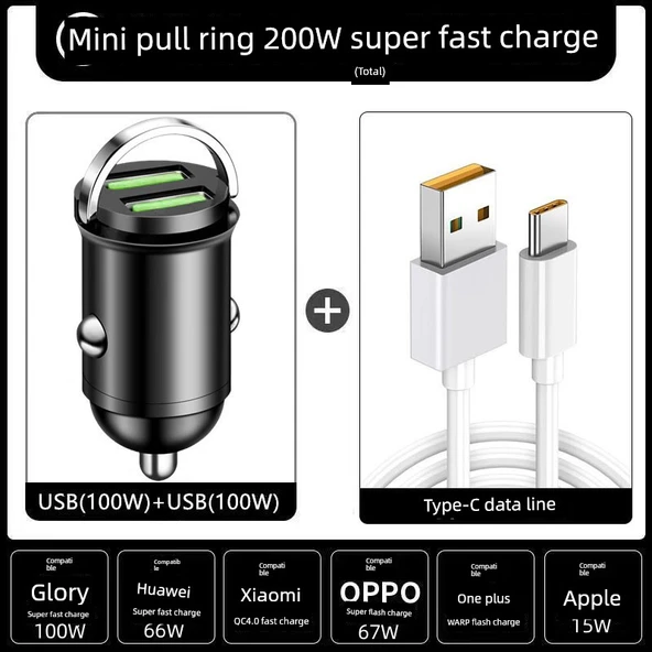100W Araç Şarj Cihazı - Çift USB Hızlı Şarj + Type-C Data Kablosu