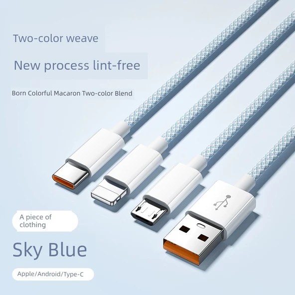 Çoklu Başlıklı 18W USB Şarj Kablosu - 1.5m Gök Mavisi Yüksek Yoğunluklu Örgü