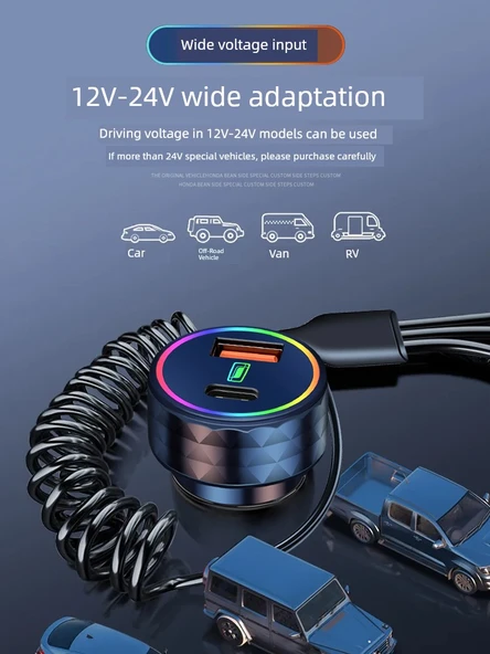 Üçü Bir Arada Kablolu Araç Şarj Cihazı - Kırmızı - 30W - 5