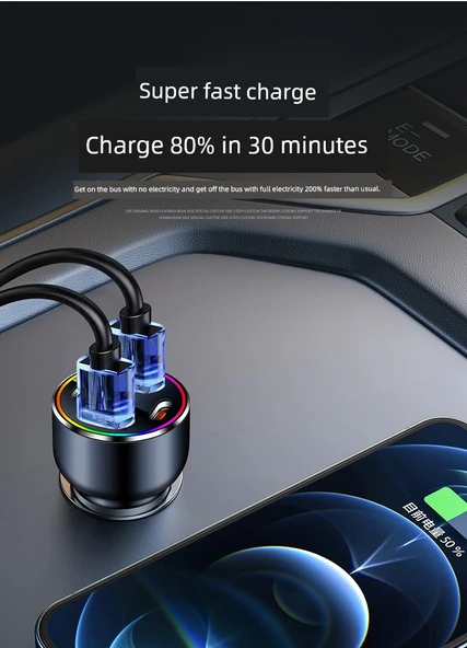 Tesla Model 3/Y Araç Şarj Cihazı - Çakmaklık Girişli Süper Hızlı Şarj - Siyah + 3in1 Data Kablosu + PD Hızlı Şarj Kablosu - 7