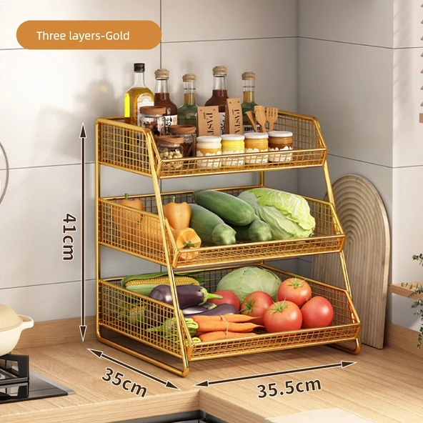 Mutfak Saklama Sepeti Rafı - 3 Katlı - Altın Rengi - Ayaklı Model