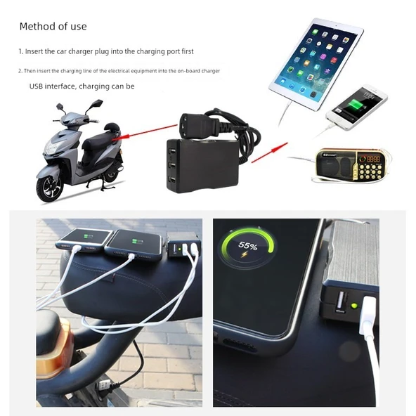 Elektrikli Araç Motosiklet USB Şarj Aleti - Klasik Üç Girişli - 4