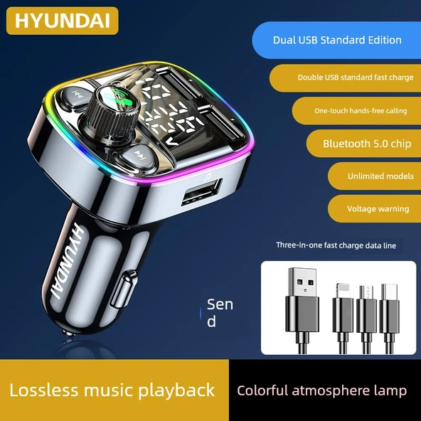 Bluetooth Araç MP3 Çalar - Renkli Atmosfer, 3.4A Hızlı Şarj, Kayıpsız Ses, 3'ü 1 Arada Şarj Kablosu, Hediye