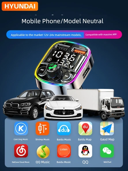Bluetooth Araç MP3 Çalar - Renkli Atmosfer Işığı, 3.4A Hızlı Şarj, Kayıpsız Ses, 5 Hediye - 5