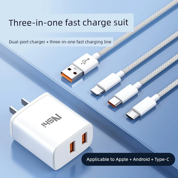 Çoklu Başlıklı 18W USB Şarj Kablosu - 1.5m Zarif Gri Üçlü + Çift Port Hızlı Şarj Başlığı