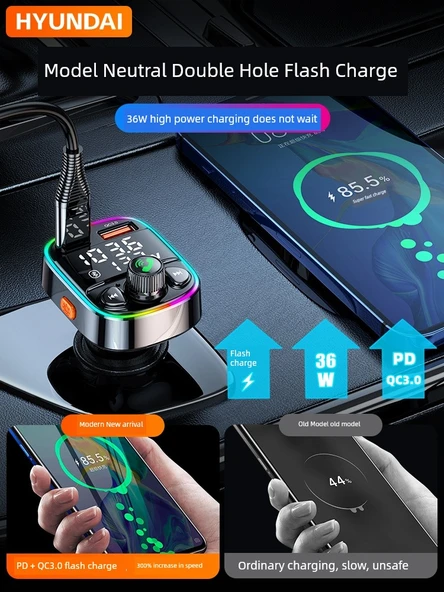 Bluetooth Araç MP3 Çalar - Renkli Atmosfer Işığı, 3.4A Hızlı Şarj, Kayıpsız Ses, 5 Hediye - 2