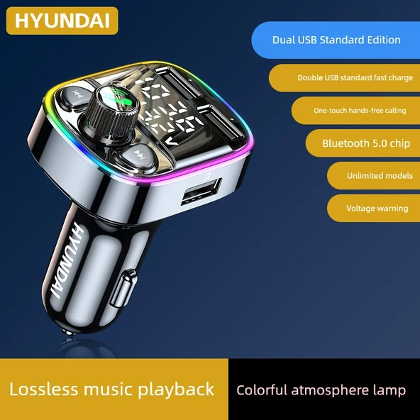 Bluetooth Araç MP3 Çalar - Renkli Atmosfer Işığı, 3.4A Hızlı Şarj, Kayıpsız Ses, 5 Hediye