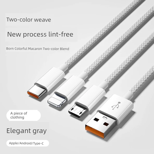 Çoklu Başlıklı 18W USB Şarj Kablosu - 1.5m Zarif Gri Yüksek Yoğunluklu Örgü