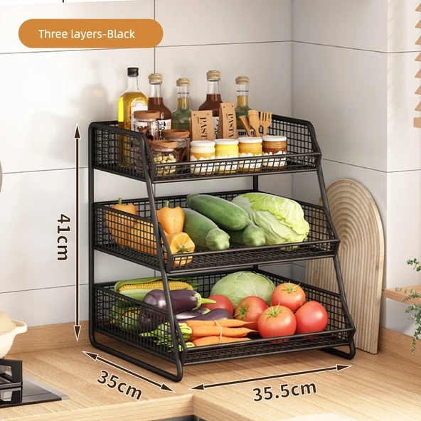 Mutfak Saklama Sepeti Rafı - 3 Katlı - Antik Siyah - Ayaklı Model