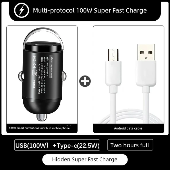 100W Araç Şarj Cihazı - USB+Type-C Hızlı Şarj + Type-C Data Kablosu