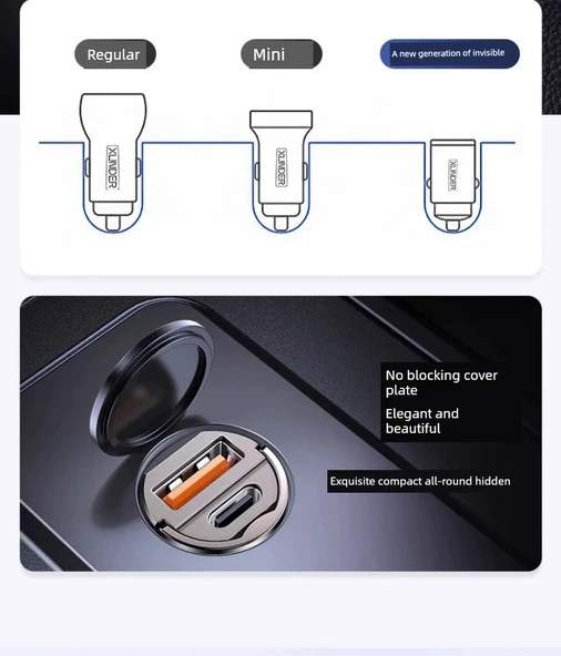 Gizli Araç Şarj Cihazı - Apple 8-14 Hızlı Şarj [USB+C] PD Hızlı Şarj Kablolu - 10