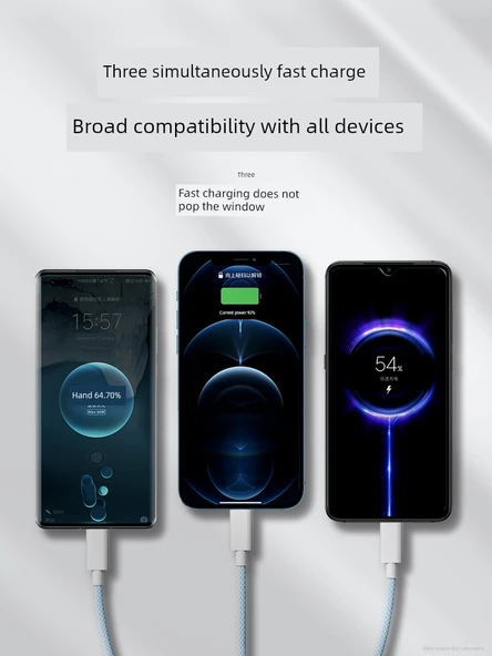 Çoklu Başlıklı 18W USB Şarj Kablosu - 1.5m Gök Mavisi Yüksek Yoğunluklu Örgü - 5