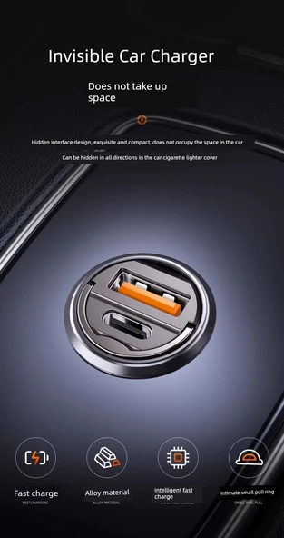 Gizli Araç Şarj Cihazı - Apple 8-14 Hızlı Şarj [USB+C] PD Hızlı Şarj Kablolu - 7