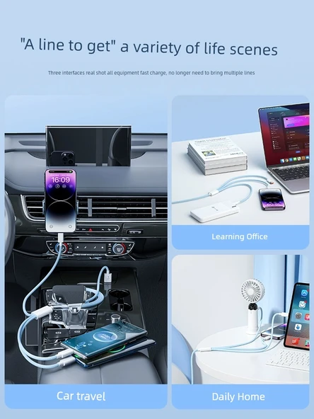 Çoklu Başlıklı 18W USB Şarj Kablosu - 1.5m Gök Mavisi Yüksek Yoğunluklu Örgü - 2