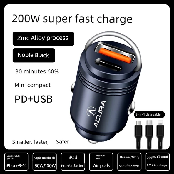 200W Süper Hızlı Araç Şarj Cihazı - Siyah + Üçü Bir Arada Data Kablosu