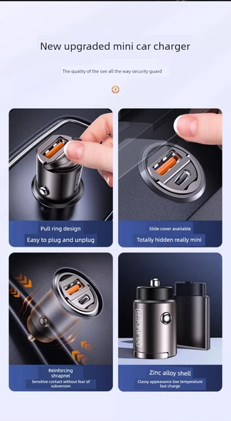 Gizli Araç Şarj Cihazı - Apple 8-14 Hızlı Şarj [USB+C] PD Hızlı Şarj Kablolu - 8