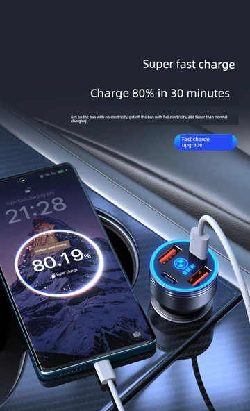Oto Çakmaklık Hızlı Şarj Aleti - 400W Alaşım Siyah + Apple 5~14 Şarj Kablosu - 8