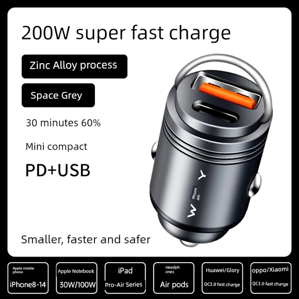200W Süper Hızlı Araç Şarj Cihazı - Uzay Grisi