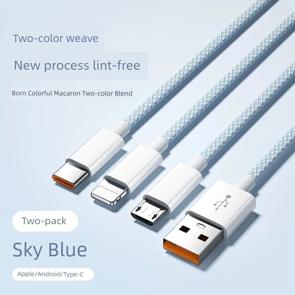 Çoklu Başlıklı 18W USB Şarj Kablosu - 2m Gök Mavisi Yüksek Yoğunluklu Örgü İki Adet