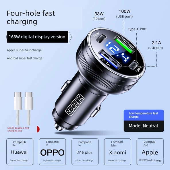Hızlı Şarj Araç Şarjı - 163W Süper Hızlı Şarj - iPhone 15/16 Uyumlu + Çift C Tipi Kablo