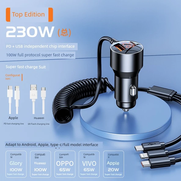 66W Araç Şarj Cihazı - 230W Akıllı Dijital Ekranlı + 2 Hızlı Şarj Kablosu + 3'ü 1 Arada Kablo