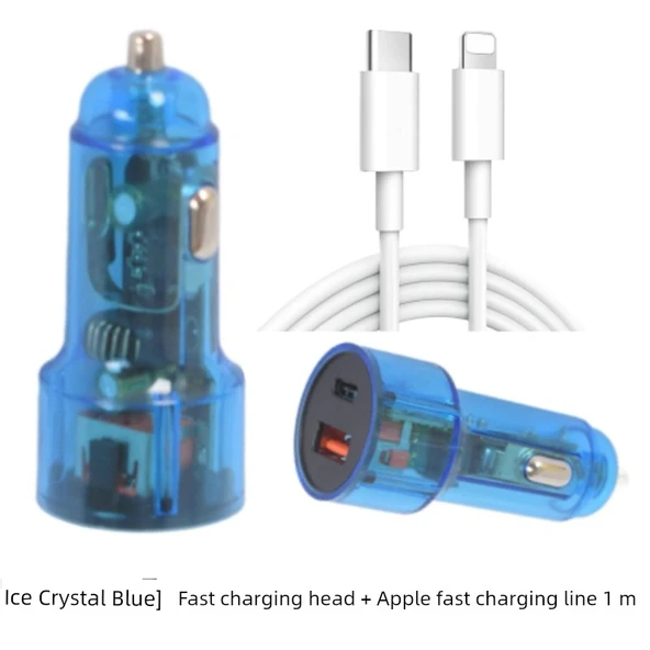 Hızlı Araç Şarj Cihazı - Buz Kristali Mavi Başlık + Apple 6-14 Hızlı Şarj Kablosu 1m