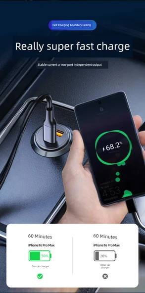 Volkswagen Bora Uyumlu 120W Gizli Araç Şarj Cihazı - Siyah - 7