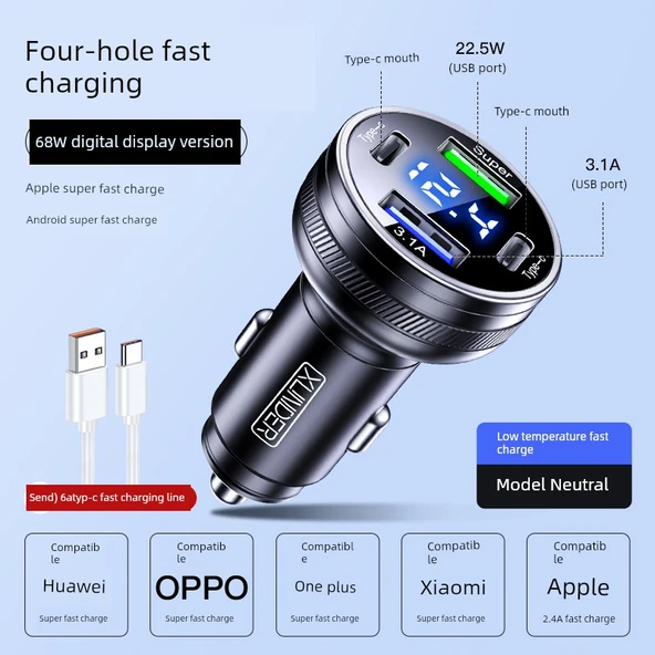 Hızlı Şarj Araç Şarjı - 68W Süper Hızlı Şarj - Android Uyumlu + 6A Type-C Kablo