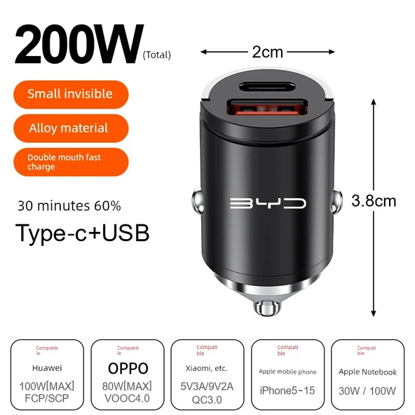 Oto Çakmaklık Hızlı Şarj Aleti - 200W Gizli Alaşım Siyah