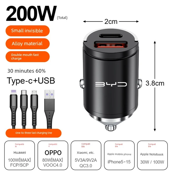 Oto Çakmaklık Hızlı Şarj Aleti - 200W Gizli Alaşım Siyah + Üçü Bir Arada Şarj Kablosu