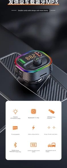Bluetooth FM Verici MP3 Çalar Araç Şarj Cihazı - Keyif Versiyonu [Atmosfer Işığı + BASS] - 7
