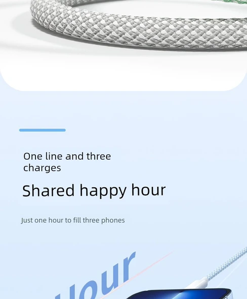 Çoklu Başlıklı 18W USB Şarj Kablosu - 2m Zarif Gri Yüksek Yoğunluklu Örgü İki Adet - Resim 11