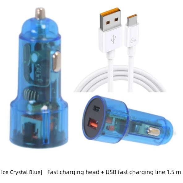 Hızlı Araç Şarj Cihazı - Buz Kristali Mavi Başlık + USB Hızlı Şarj Kablosu 1.5m