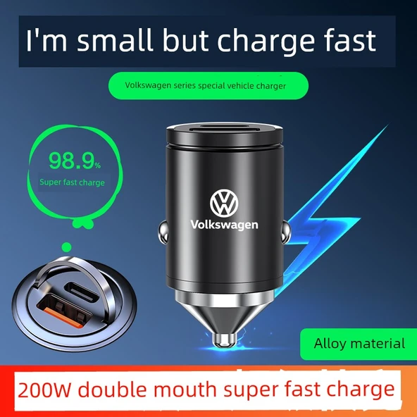 Volkswagen Gizli Araç Şarj Cihazı - 45W Mini Alaşım Siyah + Üçü Bir Arada Data Kablosu - 4