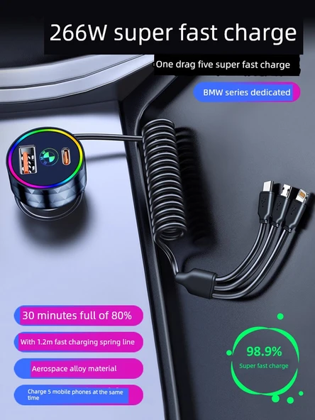 BMW Araç Şarj Cihazı - 30W - 3'ü 1 Arada Kablolu - Kırmızı - 3