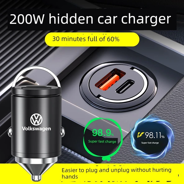 Volkswagen Gizli Araç Şarj Cihazı - 45W Mini Alaşım Siyah + Üçü Bir Arada Data Kablosu - 3