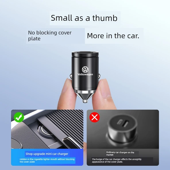 Volkswagen Gizli Araç Şarj Cihazı - 45W Mini Alaşım Siyah + Üçü Bir Arada Data Kablosu - 5